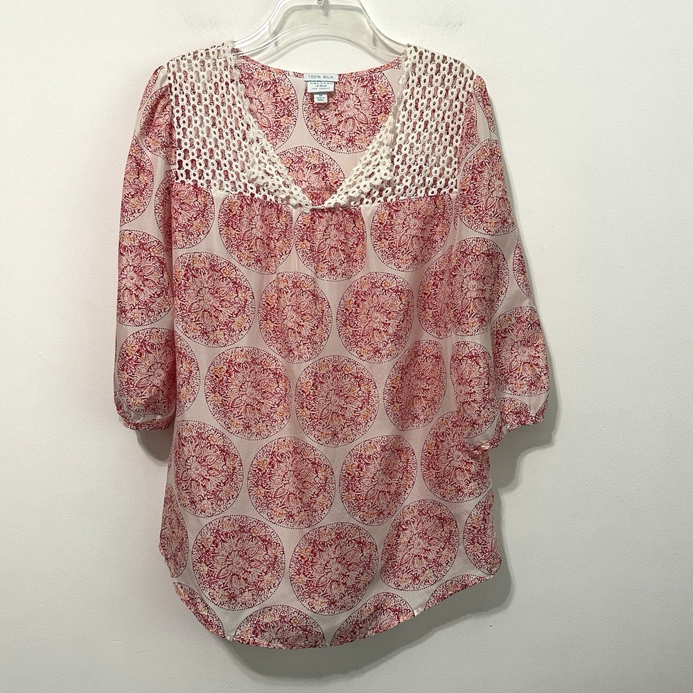 Calypso Top M Coral Pink St Barth Target SILK 3/4 Sleeve Crochet‎ Bib V Neck